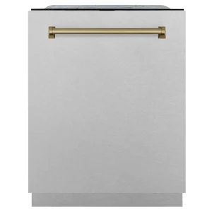 ZLINE Autograph Edition 24-Inch 3rd Rack Top Touch Control Dishwasher in Satin Stainless Steel, Champagne Bronze Handle, 44 dBa (DWMTZ-SN-24-CB)