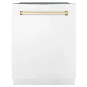 ZLINE Autograph Edition 24-Inch 3rd Rack Top Touch Control Dishwasher in White Matte with Gold Handle, 44 dBa (DWMTZ-WM-24-G)