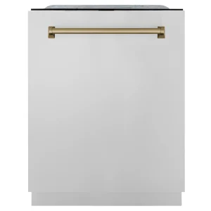 ZLINE Autograph Edition 24-Inch 3rd Rack Top Touch Control Dishwasher in Stainless Steel with Champagne Bronze Handle, 44 dBa (DWMTZ-304-24-CB)