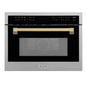 ZLINE Autograph Edition 24-Inch Microwave Oven in Satin Stainless Steel with Champagne Bronze Accents (MWOZ-24-SS-CB)