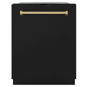 ZLINE Autograph Edition 24-Inch Monument Series 3rd Rack Top Touch Control Tall Tub Dishwasher in Black Matte with Polished Gold Handle (DWMTZ-BLM-24-