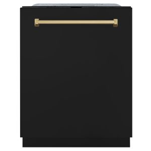 ZLINE Autograph Edition 24-Inch Monument Series 3rd Rack Top Touch Control Tall Tub Dishwasher in Black Matte with Champagne Bronze Handle (DWMTZ-BLM-