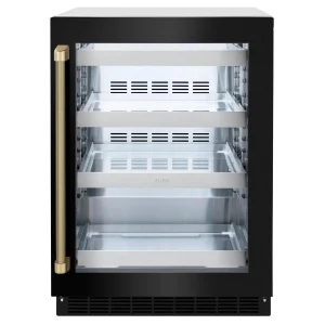 ZLINE Autograph Edition 24-Inch Touchstone 151 Can Beverage Fridge with Black Stainless Steel Glass Door and Champagne Bronze Helix Handle (RBSOZ-BS-2
