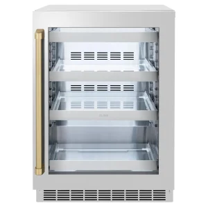 ZLINE Autograph Edition 24-Inch Touchstone 151 Can Indoor/Outdoor Beverage Fridge with Stainless Steel Glass Door and Champagne Bronze Handle (RBSOZ-G