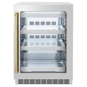 ZLINE Autograph Edition 24-Inch Touchstone 151 Can Indoor/Outdoor Beverage Fridge with Stainless Steel Glass Door and Polished Gold Handle (RBSOZ-GS-2