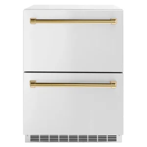 ZLINE Autograph Edition 24-Inch Touchstone 168 Can Outdoor-Rated Dual Refrigerator Drawer with Stainless Steel Doors and Polished Gold Handles (RDSOZ-