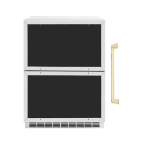 ZLINE Autograph Edition 24-Inch Touchstone 168 Can Outdoor Rated Dual Refrigerator Drawer with Panel-Ready Doors and Polished Gold Handles (RDSPOZ-24-