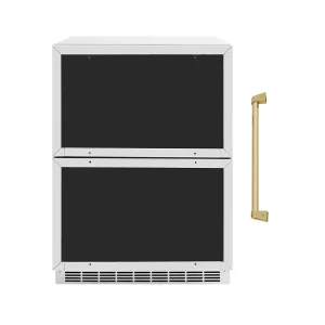 ZLINE Autograph Edition 24-Inch Touchstone 168 Can Outdoor-Rated Dual Refrigerator Drawer with Panel-Ready Doors and Champagne Bronze Handles (RDSPOZ