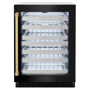 ZLINE Autograph Edition 24-Inch Touchstone Dual Zone 44 Bottle Wine Cooler with Black Stainless Steel Glass Door and Polished Gold Handle (RWDOZ-BS-24