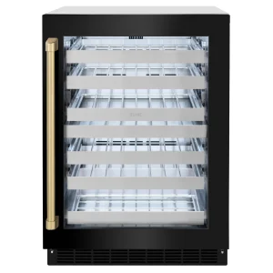 ZLINE Autograph Edition 24-Inch Touchstone Dual Zone 44 Bottle Wine Cooler with Black Stainless Steel Glass Door and Champagne Bronze Handle (RWDOZ-BS