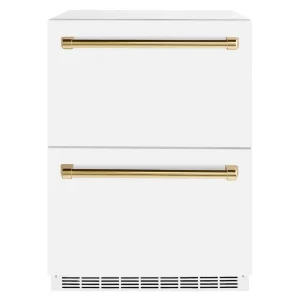 ZLINE Autograph Edition 24-Inch Touchstone Refrigerator Drawer in White Matte and Gold Handles (RDSOZ-WM-24-G)