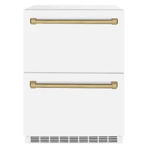 ZLINE Autograph Edition 24-Inch Touchstone Refrigerator Drawer in White Matte and Champagne Bronze Handles (RDSOZ-WM-24-CB)