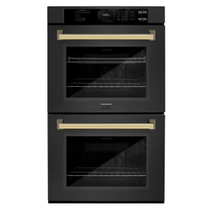 ZLINE Autograph Edition 30 in. Professional True Convection Double Wall Oven with Air Fry and Self Clean in Black Stainless Steel with Polished Gold H