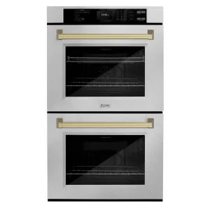 ZLINE Autograph Edition 30 in. Professional True Convection Double Wall Oven with Air Fry and Self Clean in Satin Stainless Steel with Champagne Bronz