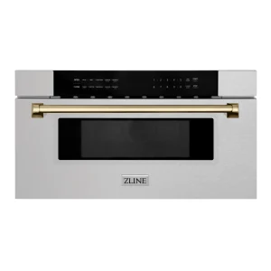 ZLINE Autograph Edition 30-Inch 1.2 cu. ft. Built-In Microwave Drawer in Fingerprint Resistant Satin Stainless Steel with Champagne Bronze Accents (MW