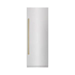ZLINE Autograph Edition 30-Inch 16.7 Cu. Ft. Column Refrigerator in Satin Stainless Steel with Graphite Gray Interior and Polished Gold Accents (RCRVZ