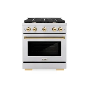ZLINE Autograph Edition 30-Inch Paramount Gas Range with 4 Gas Burners and 4.2 cu. ft. Convection Gas Oven in Stainless Steel and Polished Gold Accent