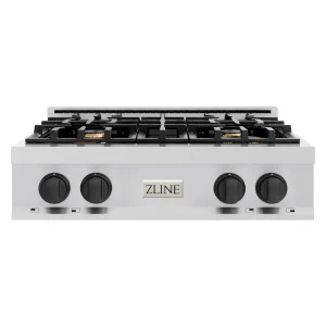 ZLINE Autograph Edition 30-Inch Porcelain Rangetop with 4 Gas Brass Burners in Stainless Steel with Matte Black Accents (RTZ-30-MB)