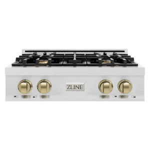 ZLINE Autograph Edition 30-Inch Porcelain Rangetop with 4 Gas Burners in Satin Stainless Steel and Champagne Bronze Accents (RTSZ-30-CB)