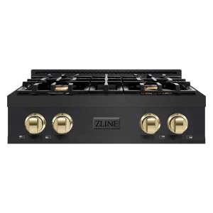 ZLINE Autograph Edition 30-Inch Porcelain Rangetop with 4 Gas Burners in Black Stainless Steel and Gold Accents (RTBZ-30-G)