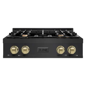 ZLINE Autograph Edition 30-Inch Porcelain Rangetop with 4 Gas Burners in Black Stainless Steel and Champagne Bronze Accents (RTBZ-30-CB)