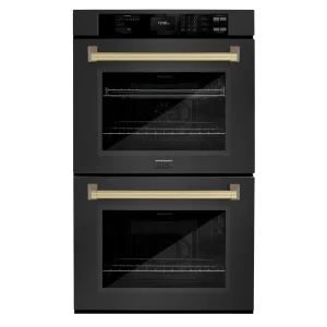 ZLINE Autograph Edition 30-Inch Professional True Convection Double Wall Oven with Air Fry and Self Clean in Black Stainless Steel with Champagne Bron