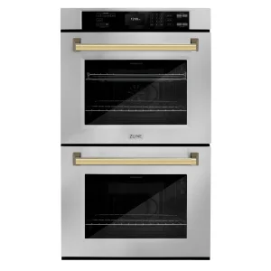 ZLINE Autograph Edition 30-Inch Professional True Convection Double Wall Oven with Air Fry and Self Clean in Stainless Steel with Polished Gold Handle