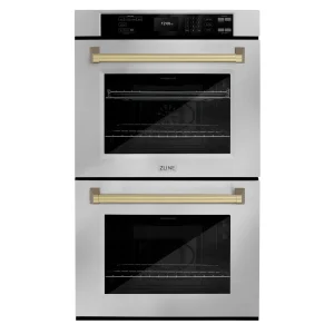 ZLINE Autograph Edition 30-Inch Professional True Convection Double Wall Oven with Air Fry and Self Clean in Stainless Steel with Champagne Bronze Han