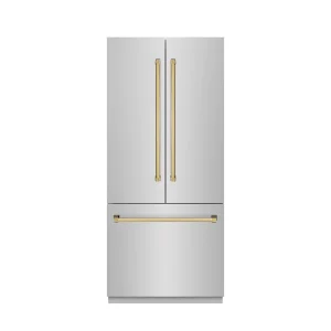 ZLINE Autograph Edition 36-Inch 19.6 Cu. Ft. French Door Built-In Bottom Freezer Refrigerator with Water Dispenser and Ice Maker in Stainless Steel wi
