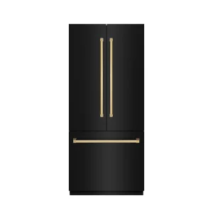 ZLINE Autograph Edition 36-Inch 19.6 cu. ft. French Door Built-In Bottom Freezer Refrigerator with Water Dispenser and Ice Maker in Black Stainless St