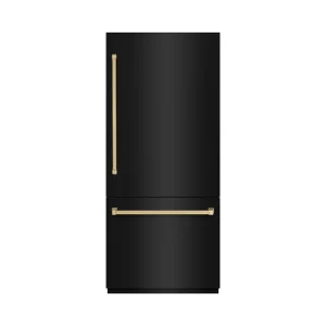 ZLINE Autograph Edition 36-Inch 19.8 cu. ft. Built-In Bottom Freezer Refrigerator with Water Dispenser and Ice Maker in Black Stainless Steel and Cham