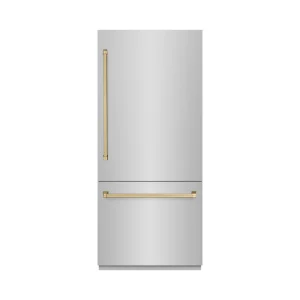 ZLINE Autograph Edition 36-Inch 19.8 Cu. Ft. Built-In Bottom Freezer Refrigerator with Water Dispenser and Ice Maker in Stainless Steel with Champagne