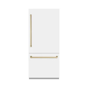 ZLINE Autograph Edition 36-Inch 19.8 Cu. Ft. Built-In Bottom Freezer Refrigerator with Water Dispenser and Ice Maker in White Matte and Champagne Bron