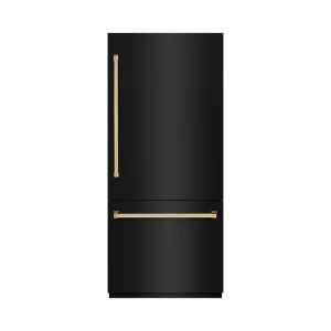 ZLINE Autograph Edition 36-Inch 19.8 cu. ft. Built-In Bottom Freezer Refrigerator with Water Dispenser and Ice Maker in Black Stainless Steel and Poli