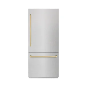 ZLINE Autograph Edition 36-Inch 19.8 Cu. Ft. Built-In Bottom Freezer Refrigerator with Water Dispenser and Ice Maker in Satin Stainless Steel and Cham