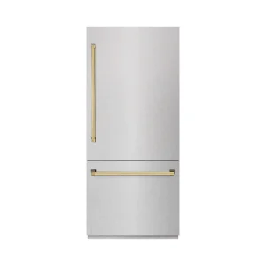 ZLINE Autograph Edition 36-Inch 19.8 Cu. Ft. Built-In Bottom Freezer Refrigerator with Water Dispenser and Ice Maker in Satin Stainless Steel and Poli