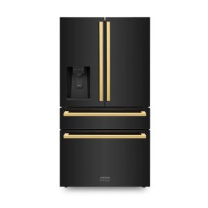 ZLINE Autograph Edition 36-Inch 21.6 cu. ft 4-Door French Door Refrigerator with Water and Ice Dispenser in Black Stainless Steel with Polished Gold S