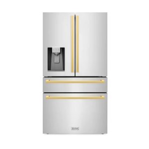 ZLINE Autograph Edition 36-Inch 21.6 cu. ft 4-Door French Door Refrigerator with Water and Ice Dispenser in Stainless Steel with Polished Gold Square