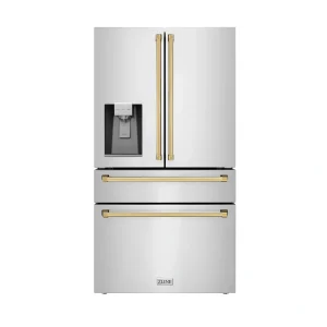 ZLINE Autograph Edition 36-Inch 21.6 cu. ft Freestanding French Door Refrigerator with Water and Ice Dispenser in Stainless Steel with Gold Trim (RFMZ