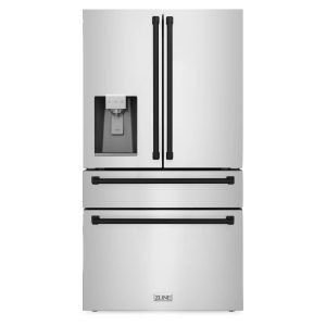 ZLINE Autograph Edition 36-Inch 21.6 cu. ft Freestanding French Door Refrigerator with Water and Ice Dispenser in Stainless Steel with Matte Black Tri