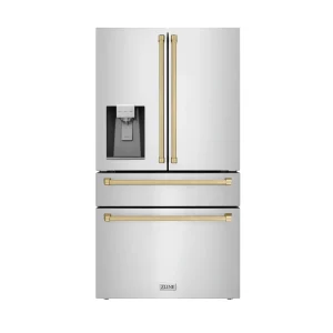 ZLINE Autograph Edition 36-Inch 21.6 cu. ft Freestanding French Door Refrigerator with Water and Ice Dispenser in Stainless Steel with Champagne Bronz