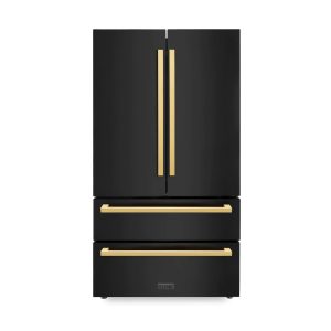 ZLINE Autograph Edition 36-Inch 22.5 cu. ft 4-Door French Door Refrigerator with Ice Maker in Black Stainless Steel with Polished Gold Square Handles