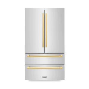 ZLINE Autograph Edition 36-Inch 22.5 cu. ft 4-Door French Door Refrigerator with Ice Maker in Stainless Steel with Polished Gold Square Handles (RFMZ-