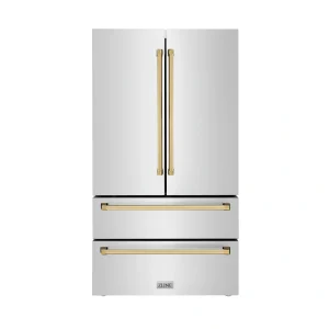 ZLINE Autograph Edition 36-Inch 22.5 cu. ft Freestanding French Door Refrigerator with Ice Maker in Stainless Steel with Gold Trim (RFMZ-36-G)