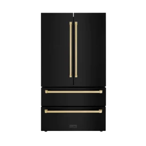 ZLINE Autograph Edition 36-Inch 22.5 cu. ft Freestanding French Door Refrigerator with Ice Maker in Black Stainless Steel with Champagne Bronze Trim (
