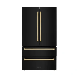 ZLINE Autograph Edition 36-Inch 22.5 cu. ft Freestanding French Door Refrigerator with Ice Maker in Black Stainless Steel with Gold Trim (RFMZ-36-BS-G