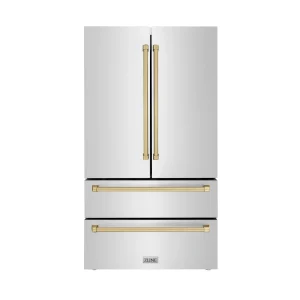 ZLINE Autograph Edition 36-Inch 22.5 cu. ft Freestanding French Door Refrigerator with Ice Maker in Stainless Steel with Champagne Bronze Trim (RFMZ-3