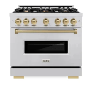 ZLINE Autograph Edition 36-Inch Classic Series Gas Range with 6 Gas Burner Cooktop and 5.2 Cu. Ft. Gas Convection Oven in Stainless Steel and Champagn