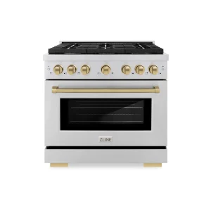 ZLINE Autograph Edition 36-Inch Paramount Gas Range with 6 Gas Burners and 5.2 cu. ft. Convection Gas Oven in Stainless Steel and Champagne Bronze Acc