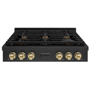 ZLINE Autograph Edition 36-Inch Paramount Gas Rangetop with 6 Burners and Porcelain Cooktop in Black Stainless Steel with Champagne Bronze Accents (SR
